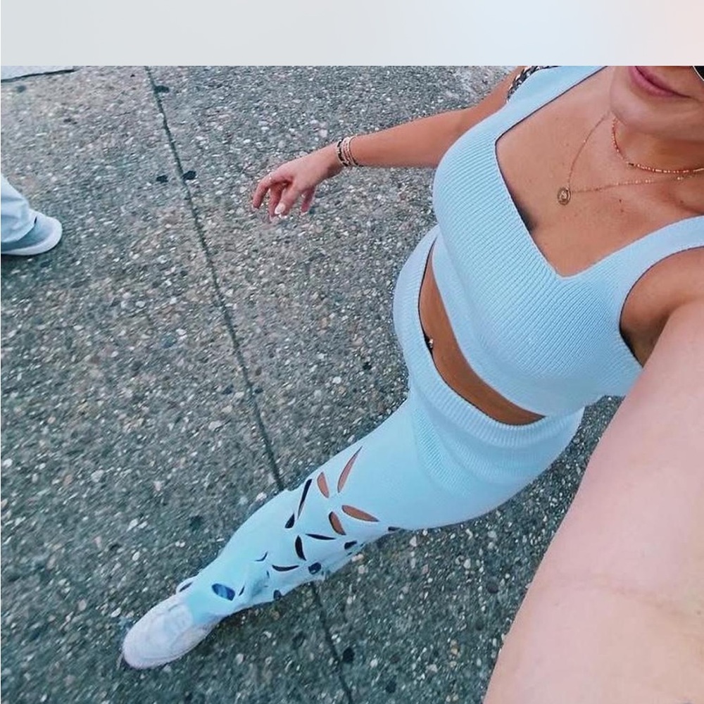 Light Blue Cutout Pants and Crop Top Set